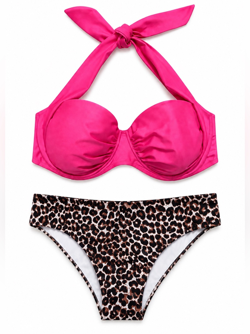 Smart & Sexy Neon Pink Bikini Top & Leopard Bikini Bottom – Size 40D/XL EUC